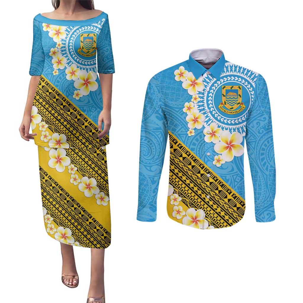 Tuvalu Plumeria Flowers Couples Matching Puletasi and Long Sleeve Button Shirt Polynesian Tribal Pattern LT9 Blue - Polynesian Pride