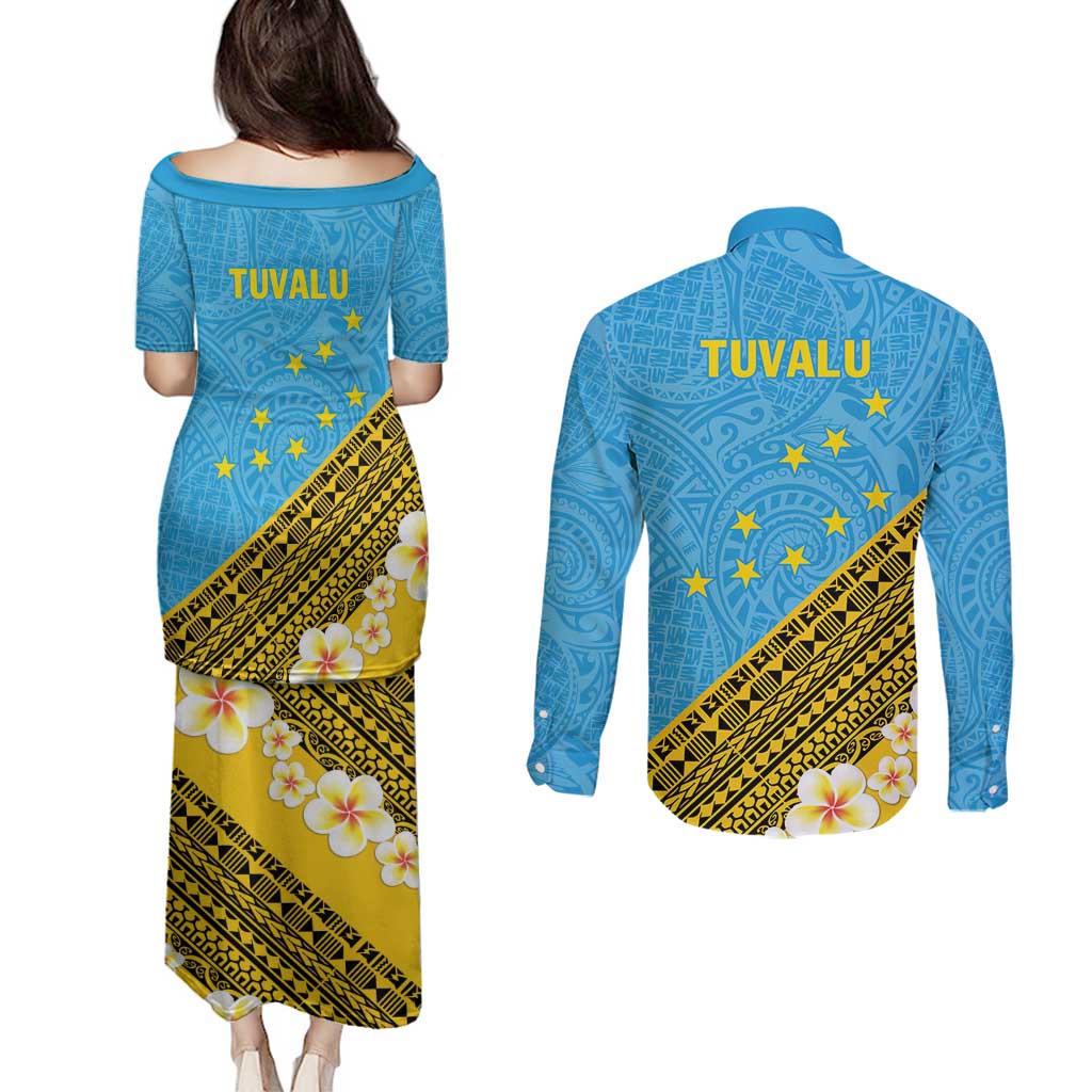 Tuvalu Plumeria Flowers Couples Matching Puletasi and Long Sleeve Button Shirt Polynesian Tribal Pattern LT9 - Polynesian Pride