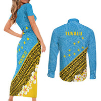 Tuvalu Plumeria Flowers Couples Matching Short Sleeve Bodycon Dress and Long Sleeve Button Shirt Polynesian Tribal Pattern LT9 - Polynesian Pride