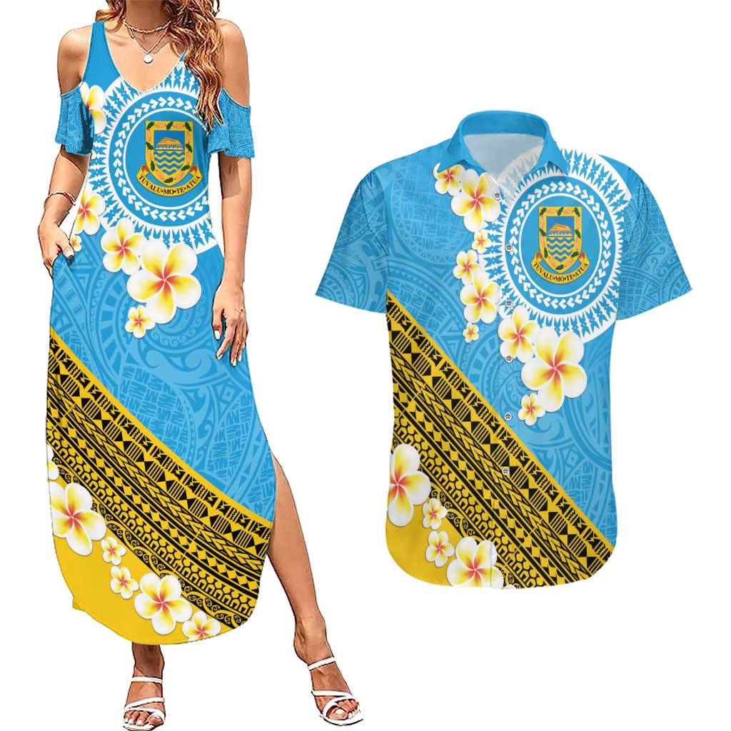 Tuvalu Plumeria Flowers Couples Matching Summer Maxi Dress and Hawaiian Shirt Polynesian Tribal Pattern LT9 Blue - Polynesian Pride