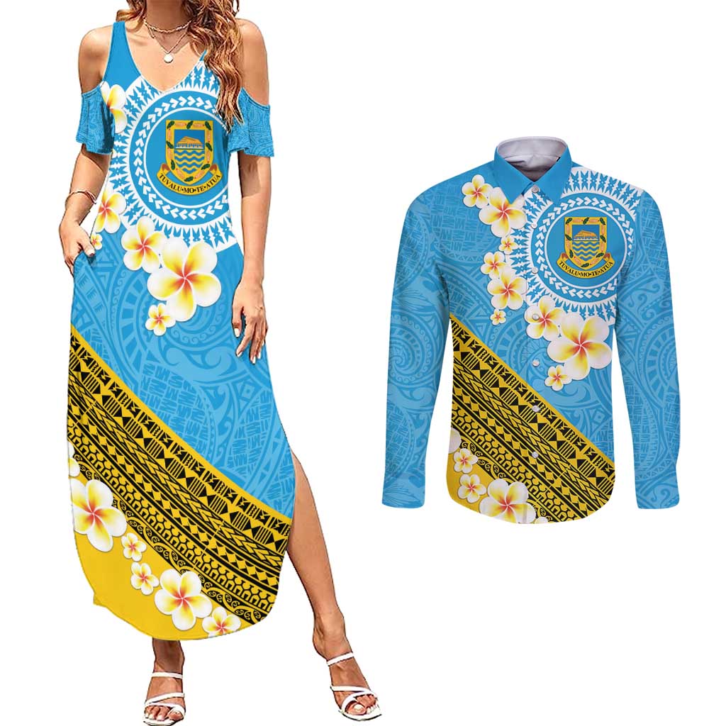 Tuvalu Plumeria Flowers Couples Matching Summer Maxi Dress and Long Sleeve Button Shirt Polynesian Tribal Pattern LT9 Blue - Polynesian Pride
