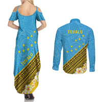 Tuvalu Plumeria Flowers Couples Matching Summer Maxi Dress and Long Sleeve Button Shirt Polynesian Tribal Pattern LT9 - Polynesian Pride