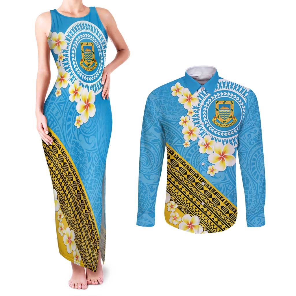 Tuvalu Plumeria Flowers Couples Matching Tank Maxi Dress and Long Sleeve Button Shirt Polynesian Tribal Pattern LT9 Blue - Polynesian Pride