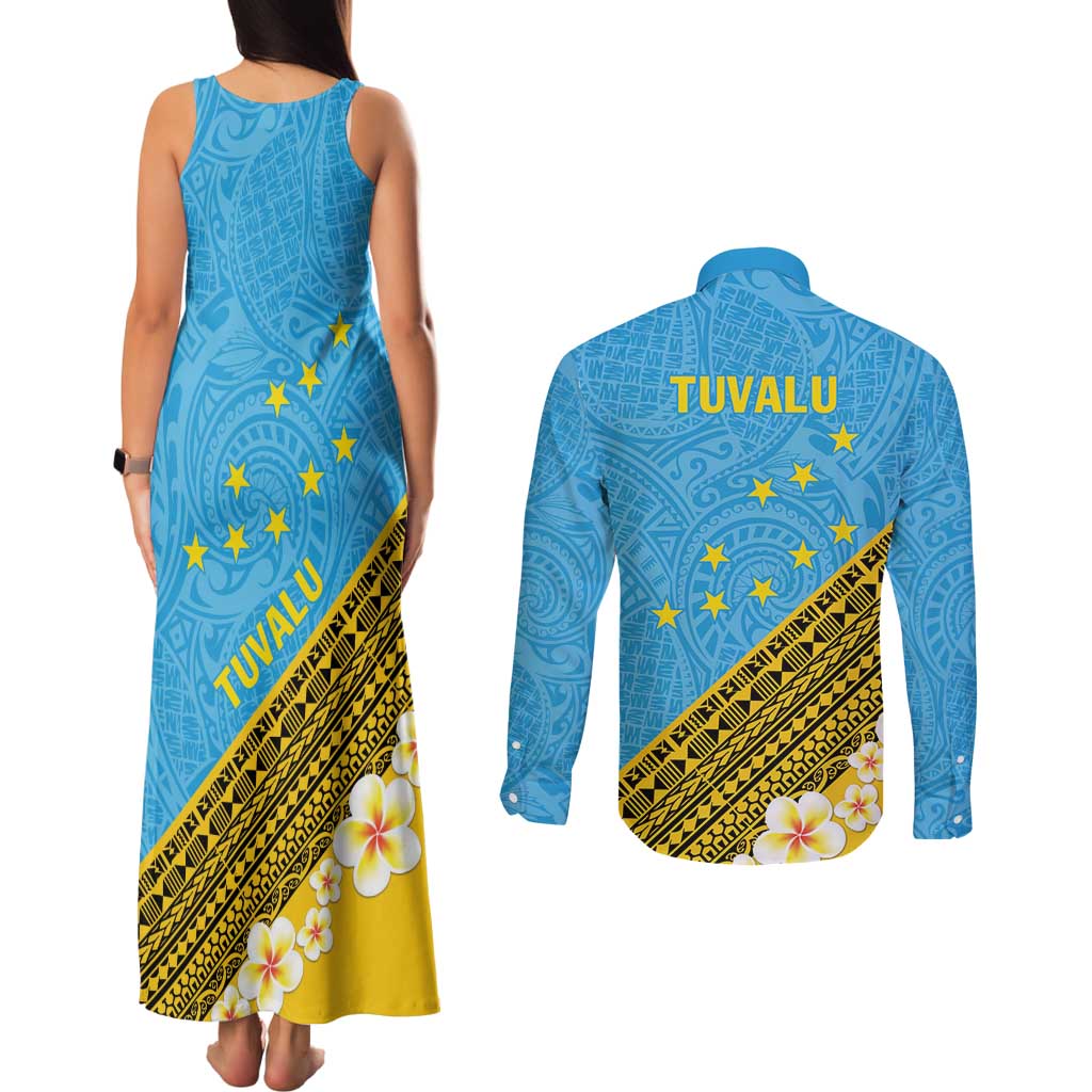 Tuvalu Plumeria Flowers Couples Matching Tank Maxi Dress and Long Sleeve Button Shirt Polynesian Tribal Pattern LT9 - Polynesian Pride