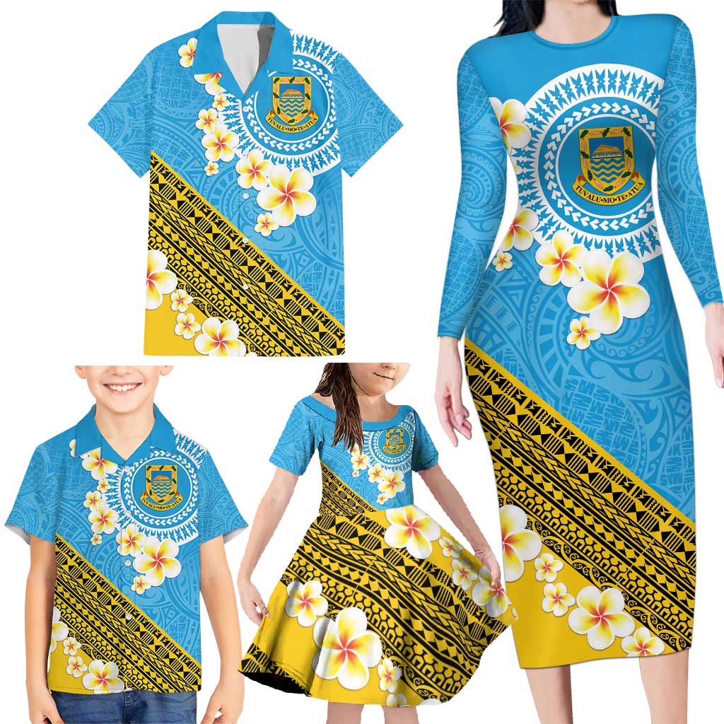 Tuvalu Plumeria Flowers Family Matching Long Sleeve Bodycon Dress and Hawaiian Shirt Polynesian Tribal Pattern