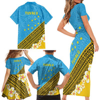 Tuvalu Plumeria Flowers Family Matching Short Sleeve Bodycon Dress and Hawaiian Shirt Polynesian Tribal Pattern