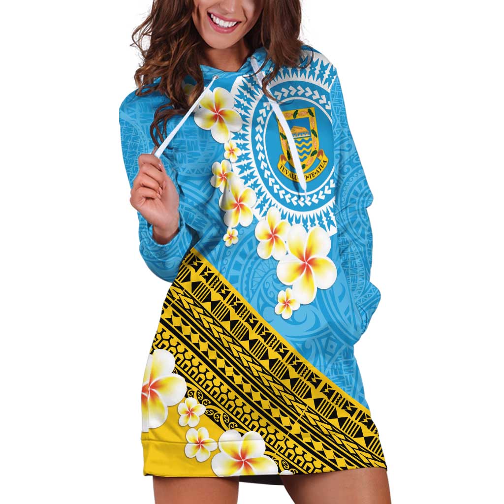 Tuvalu Plumeria Flowers Hoodie Dress Polynesian Tribal Pattern LT9 Blue - Polynesian Pride