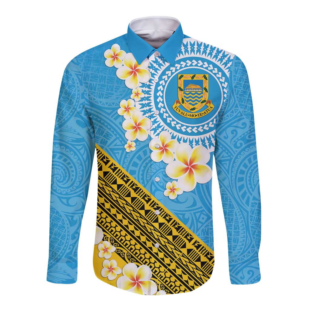 Tuvalu Plumeria Flowers Long Sleeve Button Shirt Polynesian Tribal Pattern