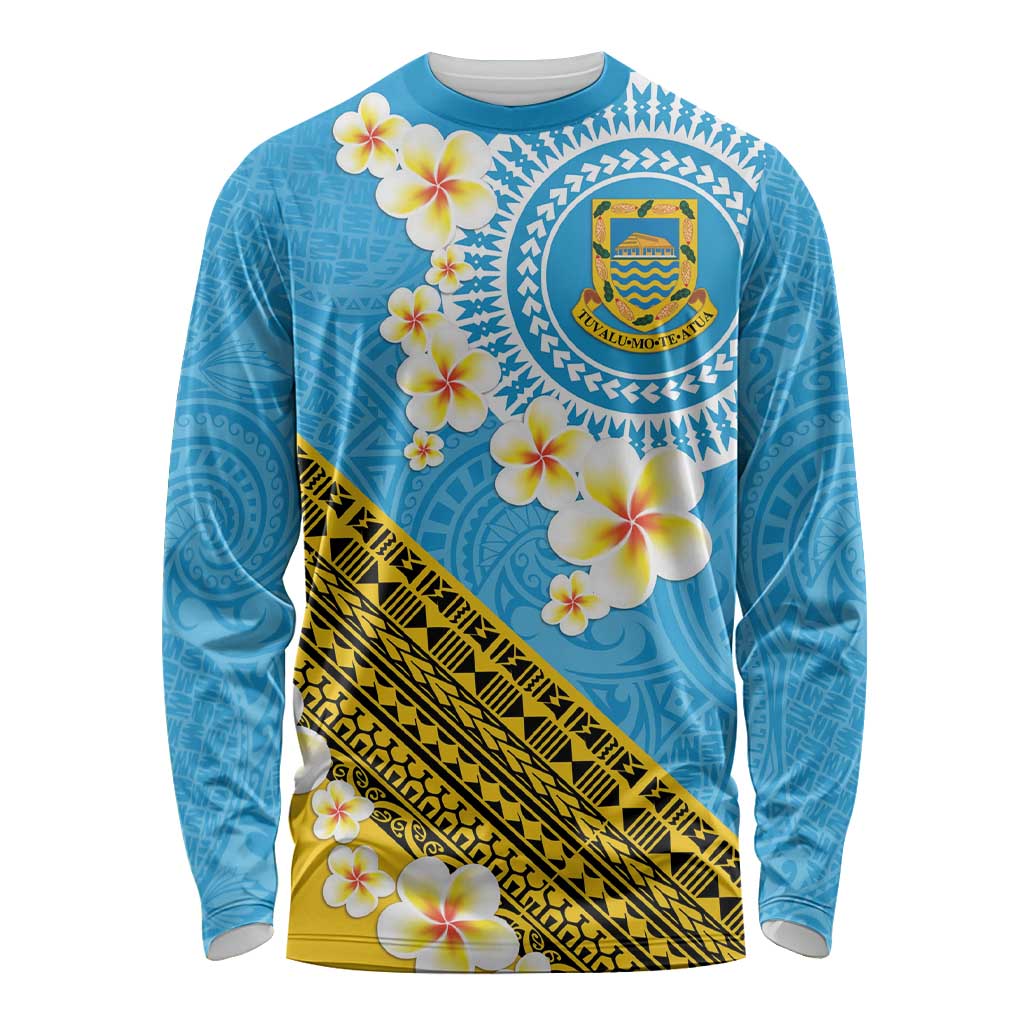 Tuvalu Plumeria Flowers Long Sleeve Shirt Polynesian Tribal Pattern