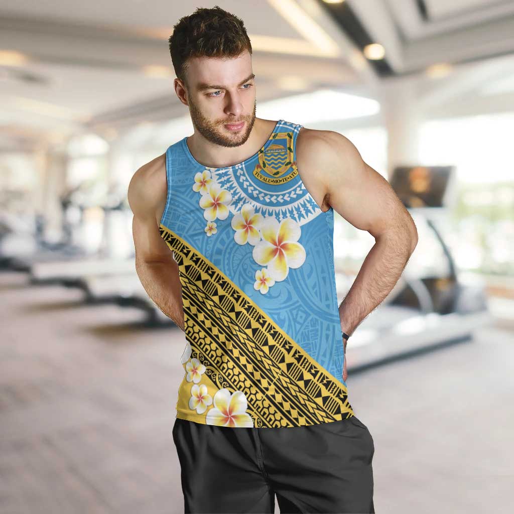 Tuvalu Plumeria Flowers Men Tank Top Polynesian Tribal Pattern LT9 Blue - Polynesian Pride