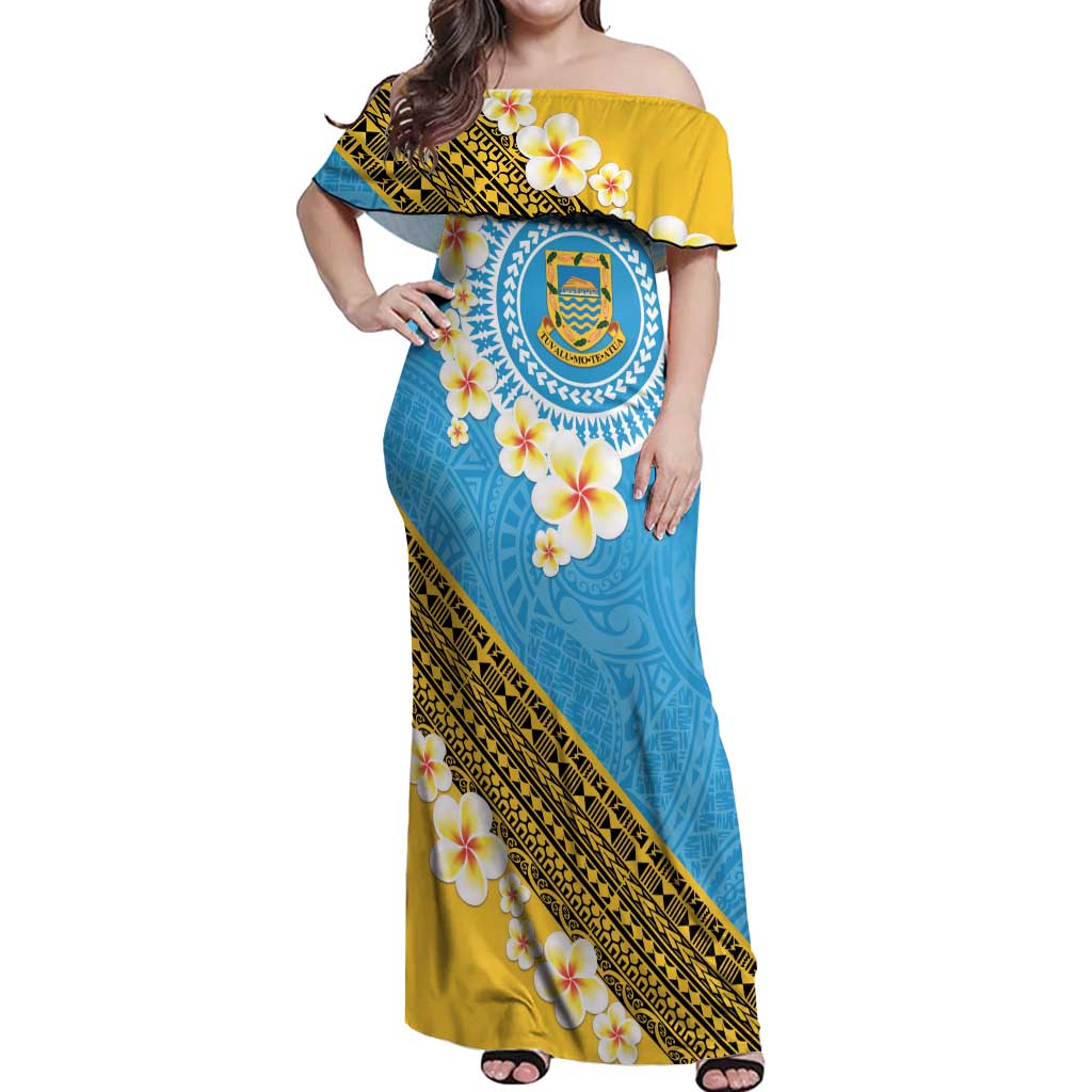 Tuvalu Plumeria Flowers Off Shoulder Maxi Dress Polynesian Tribal Pattern LT9 Women Blue - Polynesian Pride