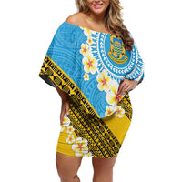 Tuvalu Plumeria Flowers Off Shoulder Short Dress Polynesian Tribal Pattern LT9 Women Blue - Polynesian Pride