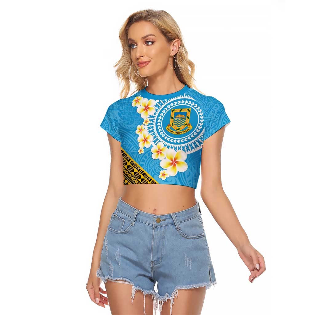 Tuvalu Plumeria Flowers Raglan Cropped T Shirt Polynesian Tribal Pattern LT9 Female Blue - Polynesian Pride
