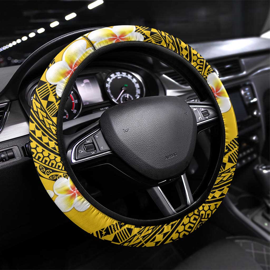 Tuvalu Plumeria Flowers Steering Wheel Cover Polynesian Tribal Pattern LT9 Universal Fit Blue - Polynesian Pride