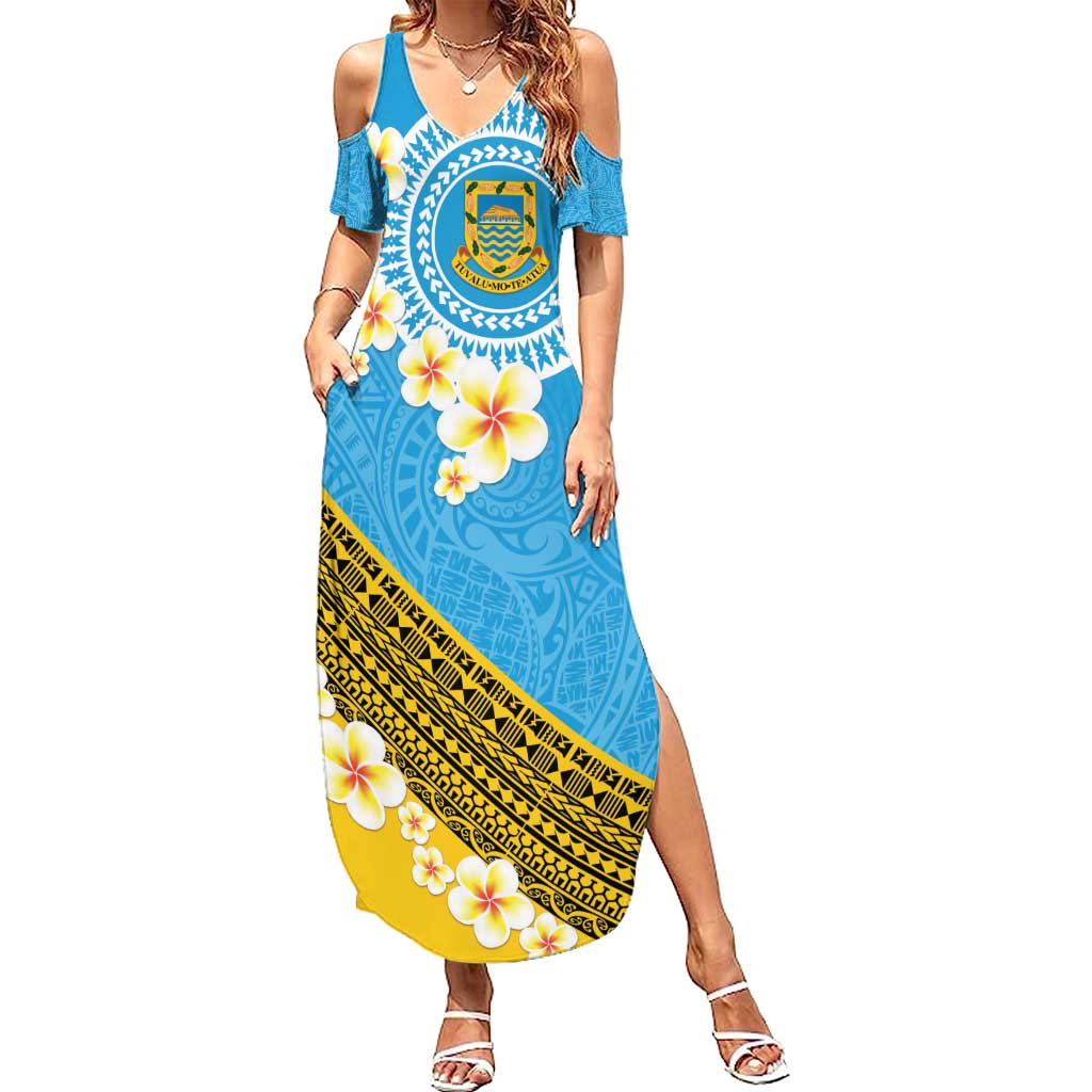 Tuvalu Plumeria Flowers Summer Maxi Dress Polynesian Tribal Pattern LT9 Women Blue - Polynesian Pride
