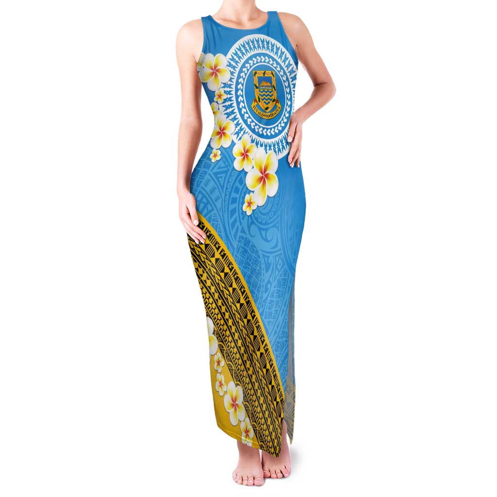Tuvalu Plumeria Flowers Tank Maxi Dress Polynesian Tribal Pattern LT9 Women Blue - Polynesian Pride
