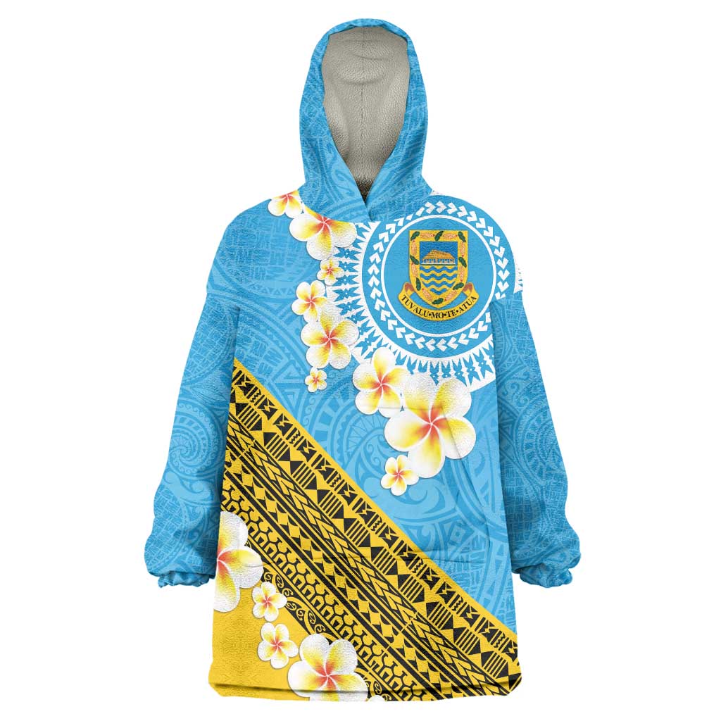 Tuvalu Plumeria Flowers Wearable Blanket Hoodie Polynesian Tribal Pattern LT9 One Size Blue - Polynesian Pride