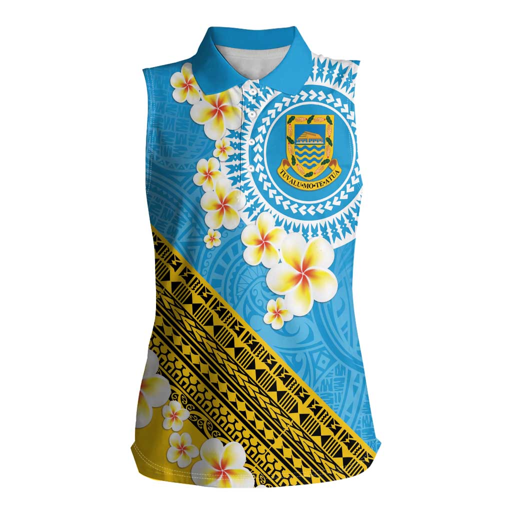 Tuvalu Plumeria Flowers Women Sleeveless Polo Shirt Polynesian Tribal Pattern