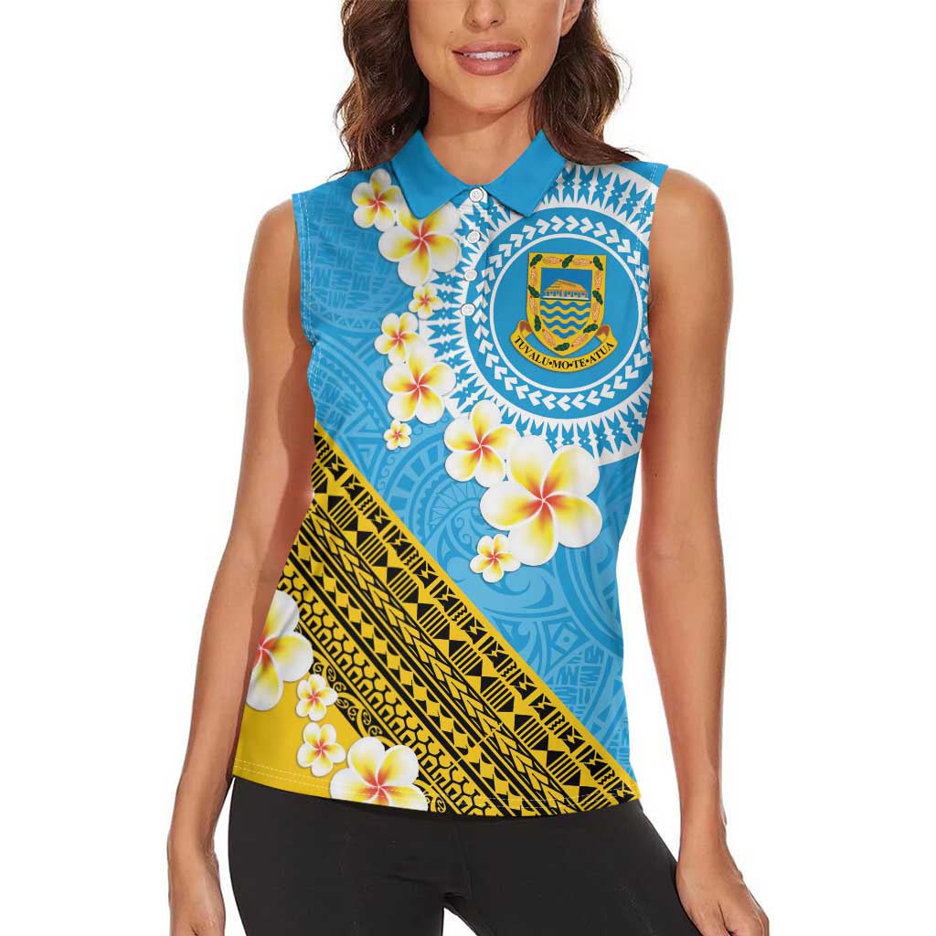 Tuvalu Plumeria Flowers Women Sleeveless Polo Shirt Polynesian Tribal Pattern