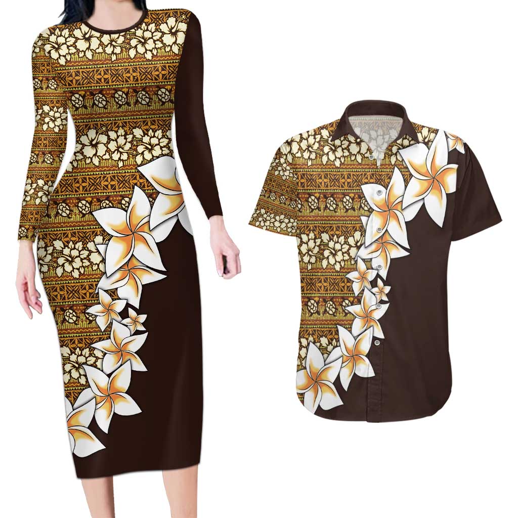 Vintage Hibiscus Turtle Pattern Couples Matching Long Sleeve Bodycon Dress and Hawaiian Shirt with Plumeria Half Style