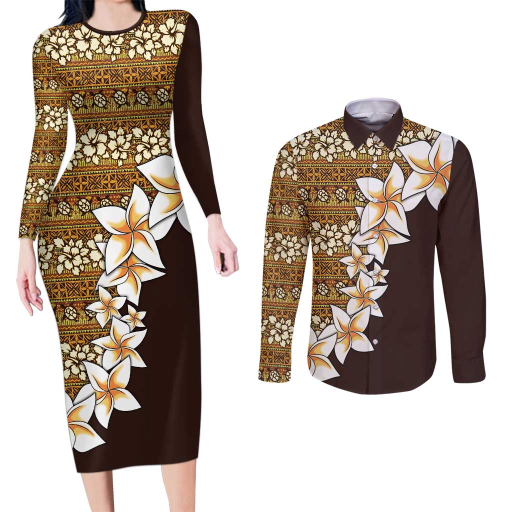Vintage Hibiscus Turtle Pattern Couples Matching Long Sleeve Bodycon Dress and Long Sleeve Button Shirt with Plumeria Half Style LT9 Gold - Polynesian Pride