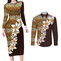 Vintage Hibiscus Turtle Pattern Couples Matching Long Sleeve Bodycon Dress and Long Sleeve Button Shirt with Plumeria Half Style LT9 Gold - Polynesian Pride