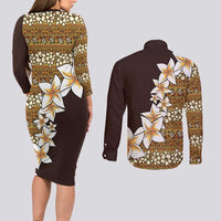 Vintage Hibiscus Turtle Pattern Couples Matching Long Sleeve Bodycon Dress and Long Sleeve Button Shirt with Plumeria Half Style LT9 - Polynesian Pride