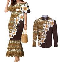 Vintage Hibiscus Turtle Pattern Couples Matching Mermaid Dress and Long Sleeve Button Shirt with Plumeria Half Style LT9 Gold - Polynesian Pride