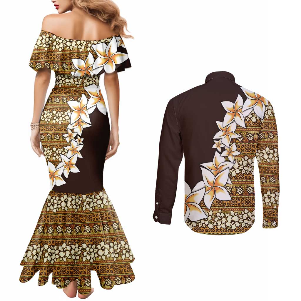 Vintage Hibiscus Turtle Pattern Couples Matching Mermaid Dress and Long Sleeve Button Shirt with Plumeria Half Style LT9 - Polynesian Pride