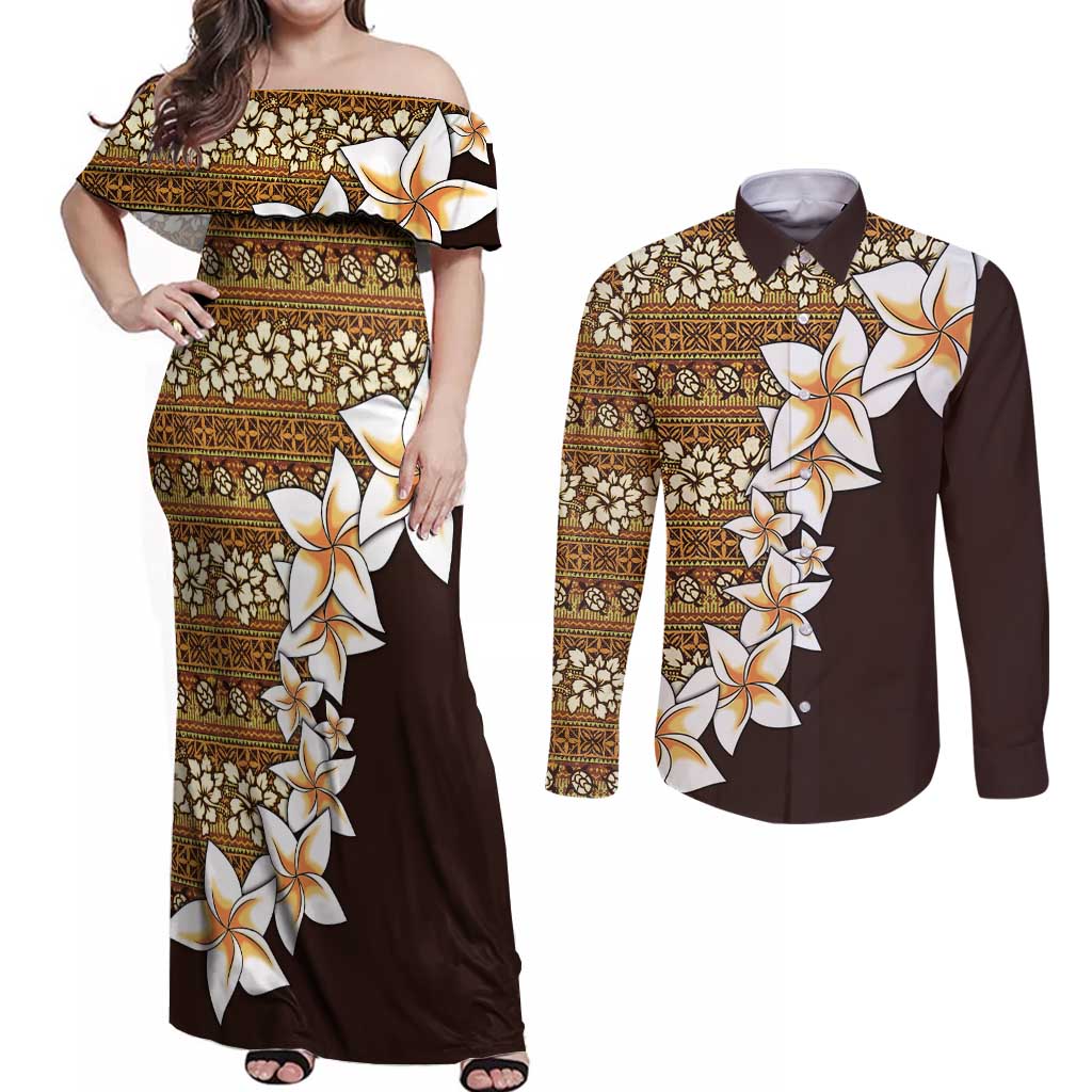 Vintage Hibiscus Turtle Pattern Couples Matching Off Shoulder Maxi Dress and Long Sleeve Button Shirt with Plumeria Half Style LT9 Gold - Polynesian Pride