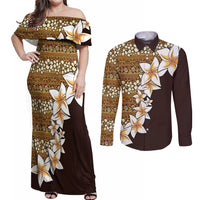Vintage Hibiscus Turtle Pattern Couples Matching Off Shoulder Maxi Dress and Long Sleeve Button Shirt with Plumeria Half Style LT9 Gold - Polynesian Pride
