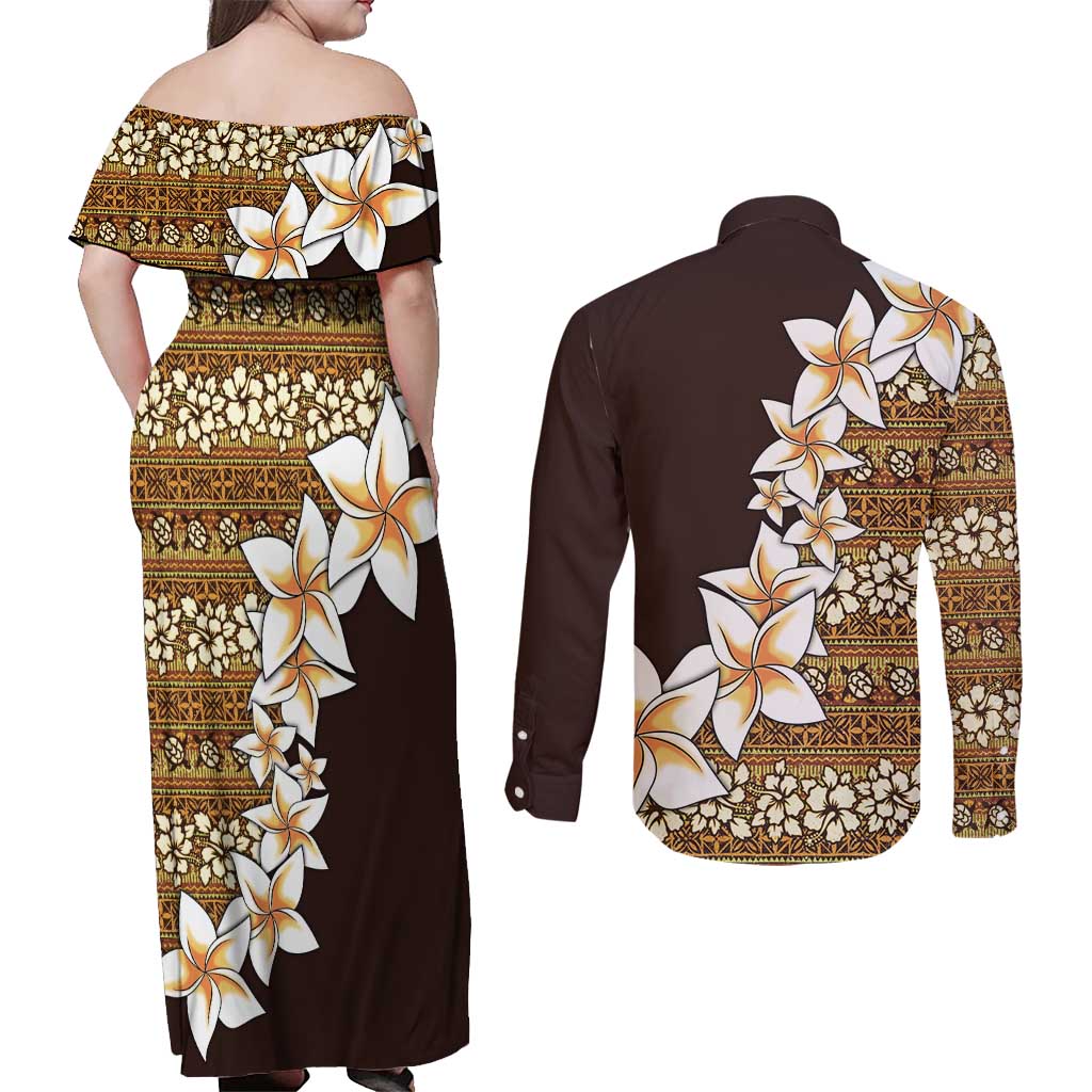 Vintage Hibiscus Turtle Pattern Couples Matching Off Shoulder Maxi Dress and Long Sleeve Button Shirt with Plumeria Half Style LT9 - Polynesian Pride