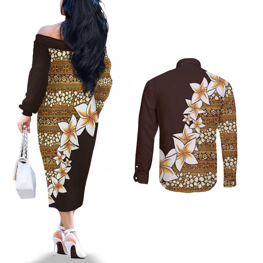 Vintage Hibiscus Turtle Pattern Couples Matching Off The Shoulder Long Sleeve Dress and Long Sleeve Button Shirt with Plumeria Half Style