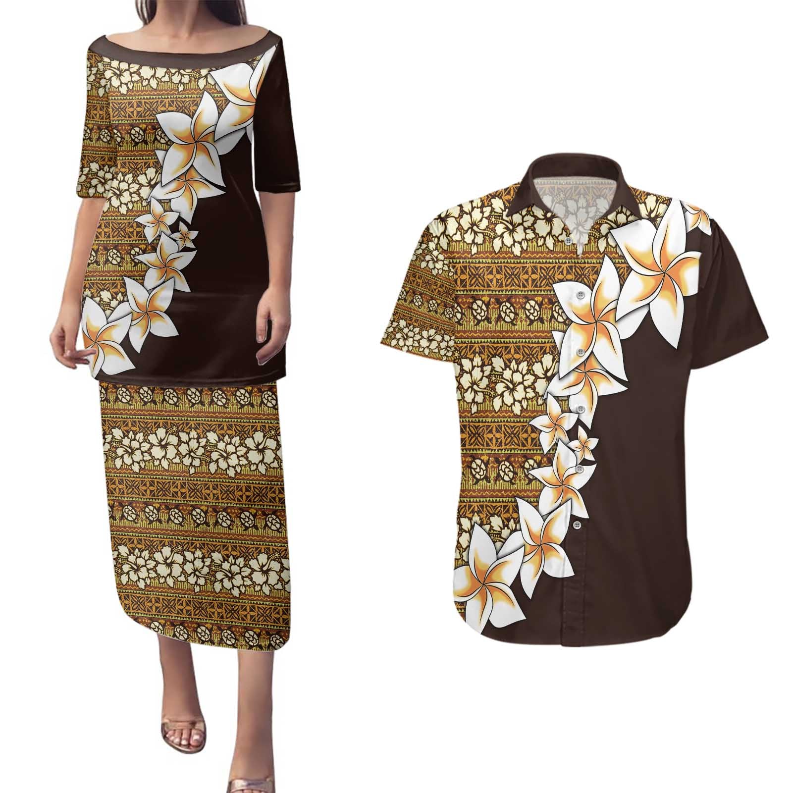 Vintage Hibiscus Turtle Pattern Couples Matching Puletasi and Hawaiian Shirt with Plumeria Half Style