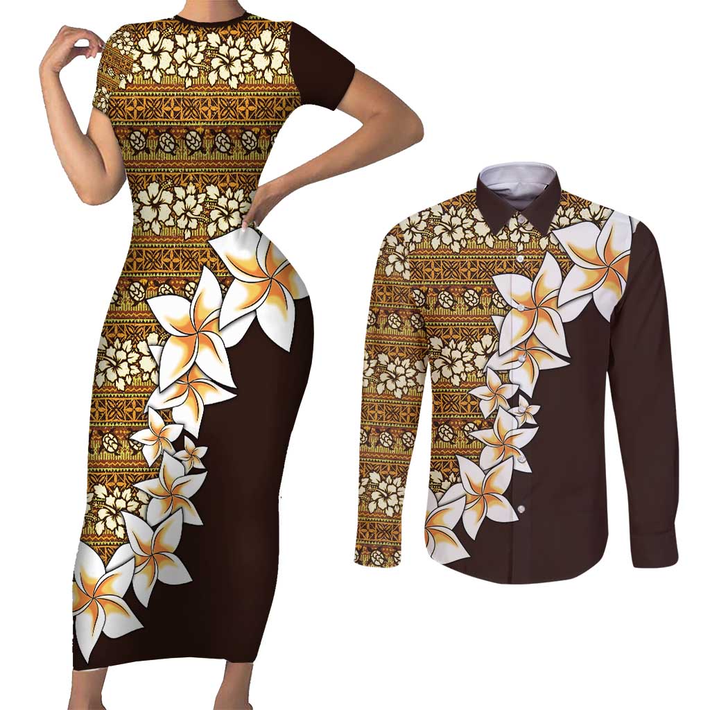 Vintage Hibiscus Turtle Pattern Couples Matching Short Sleeve Bodycon Dress and Long Sleeve Button Shirt with Plumeria Half Style LT9 Gold - Polynesian Pride