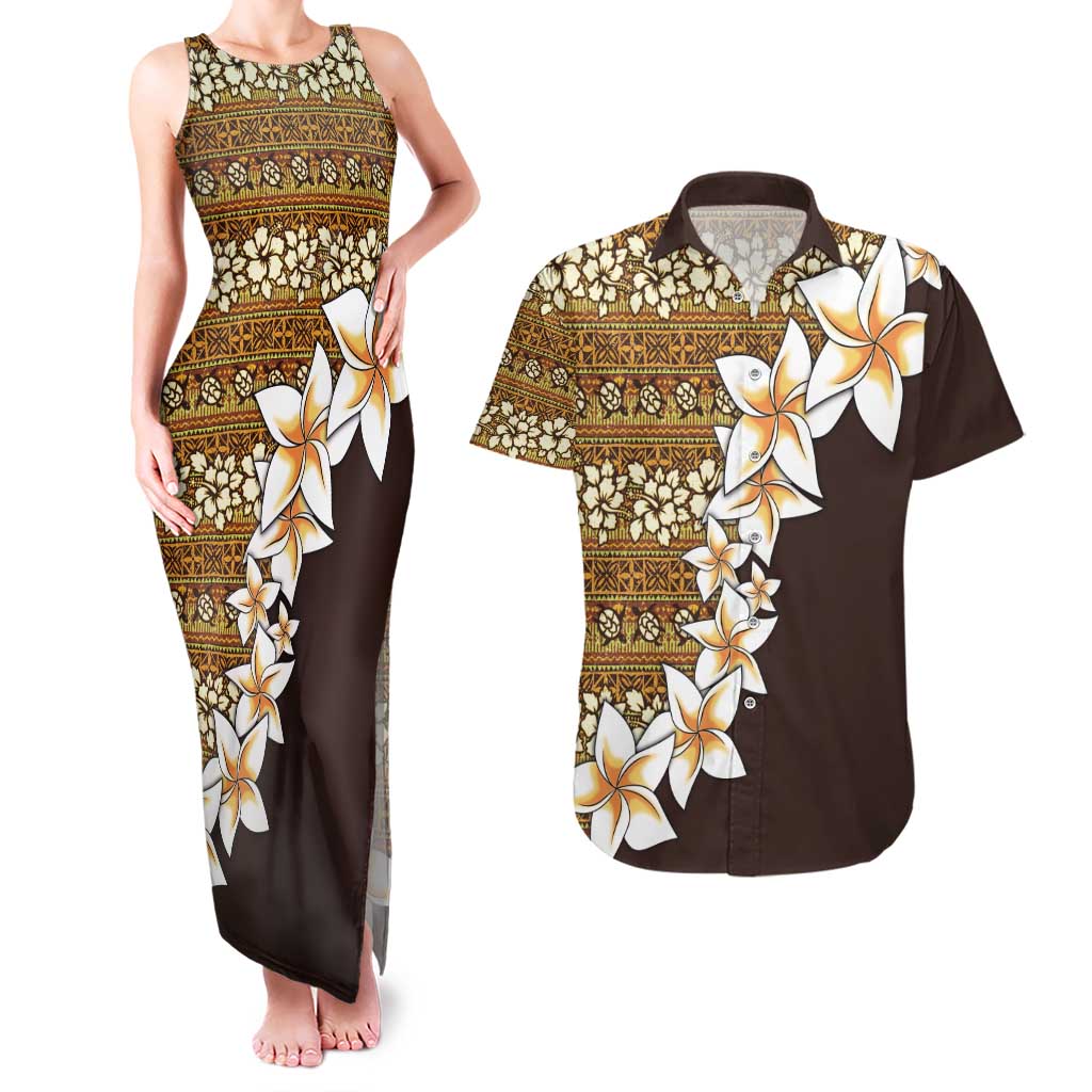 Vintage Hibiscus Turtle Pattern Couples Matching Tank Maxi Dress and Hawaiian Shirt with Plumeria Half Style