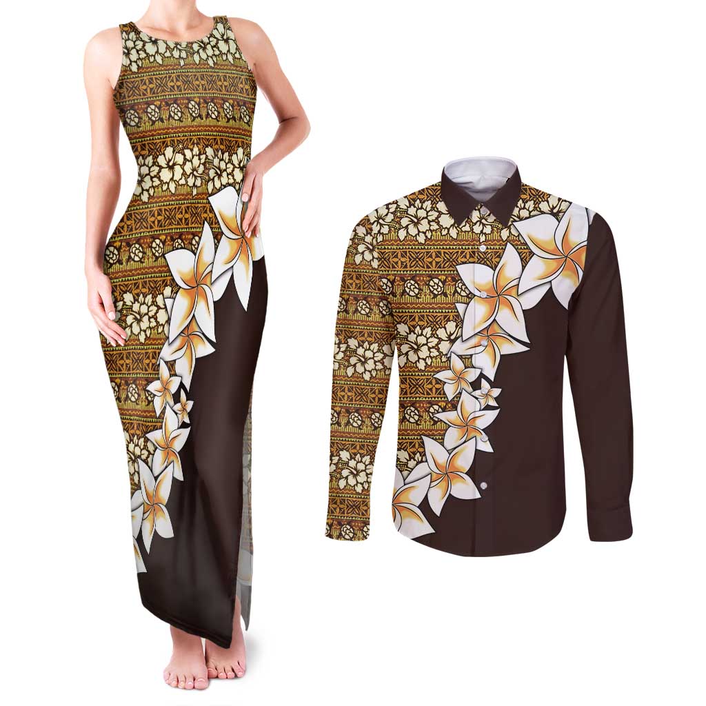 Vintage Hibiscus Turtle Pattern Couples Matching Tank Maxi Dress and Long Sleeve Button Shirt with Plumeria Half Style LT9 Gold - Polynesian Pride