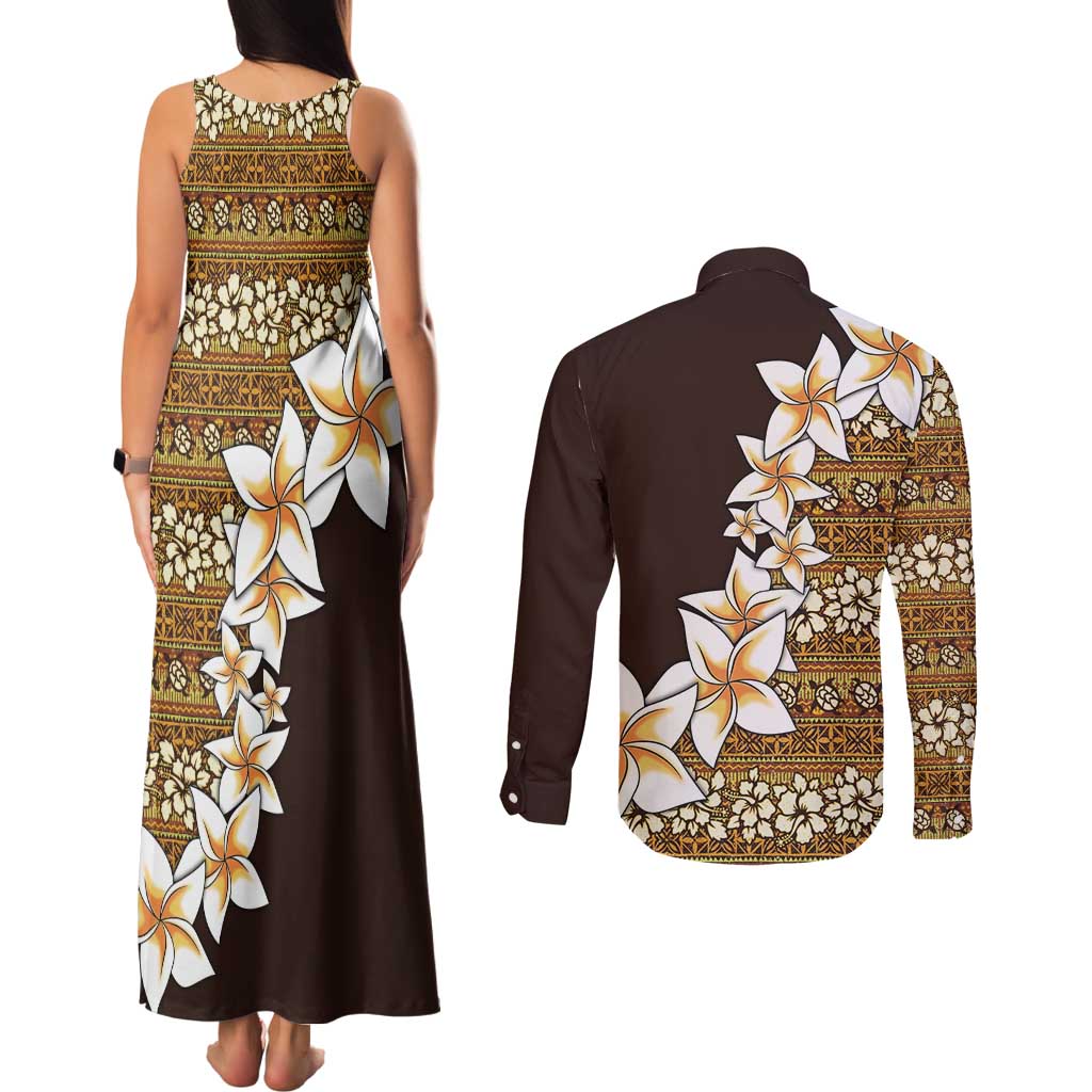 Vintage Hibiscus Turtle Pattern Couples Matching Tank Maxi Dress and Long Sleeve Button Shirt with Plumeria Half Style LT9 - Polynesian Pride