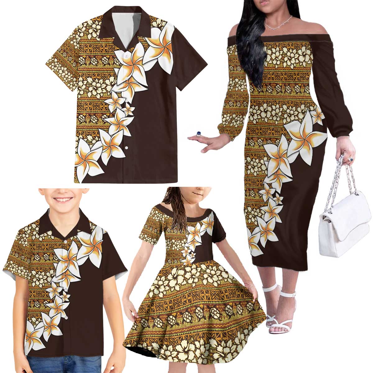 Vintage Hibiscus Turtle Pattern Family Matching Off The Shoulder Long Sleeve Dress and Hawaiian Shirt with Plumeria Half Style