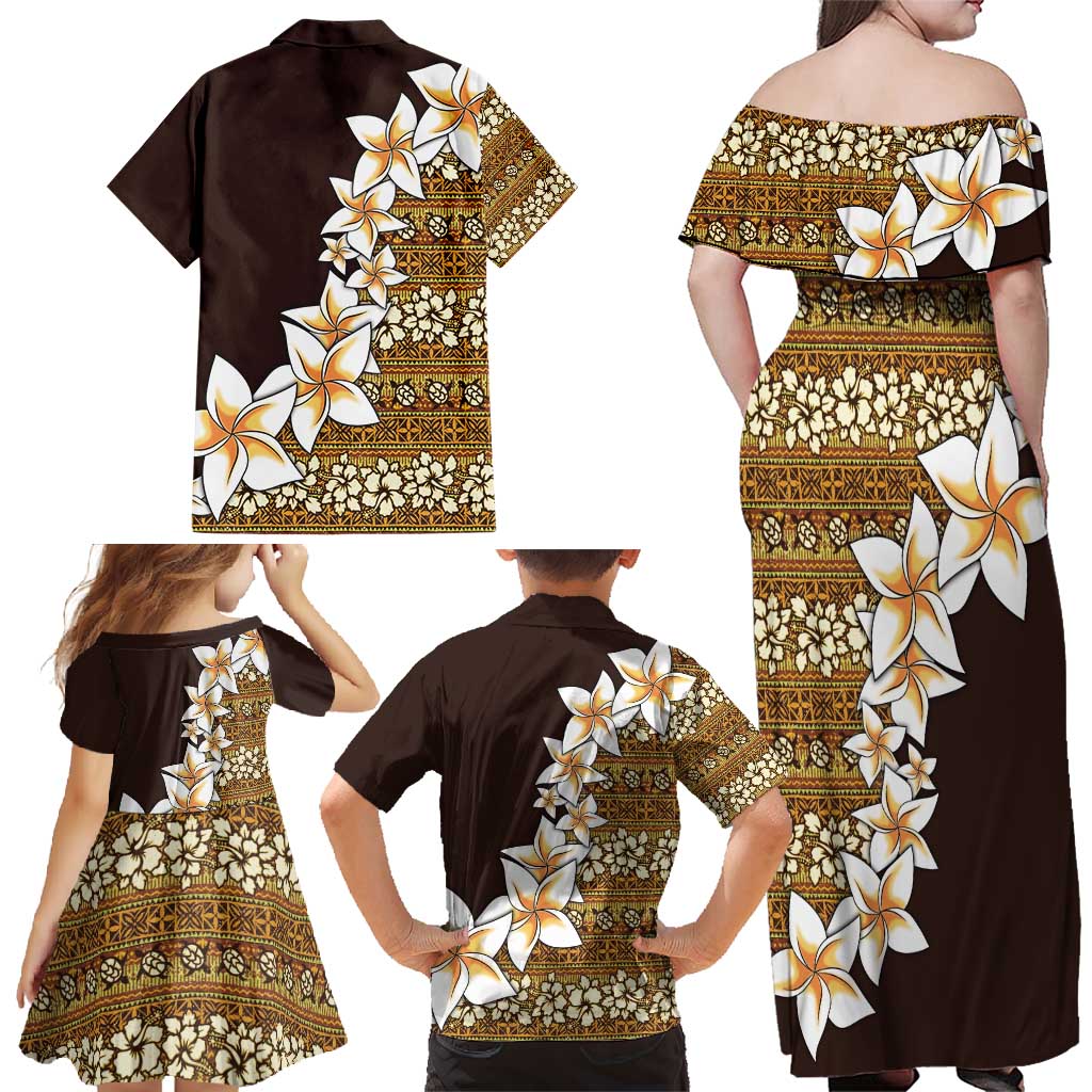Vintage Hibiscus Turtle Pattern Family Matching Off Shoulder Maxi Dress and Hawaiian Shirt with Plumeria Half Style