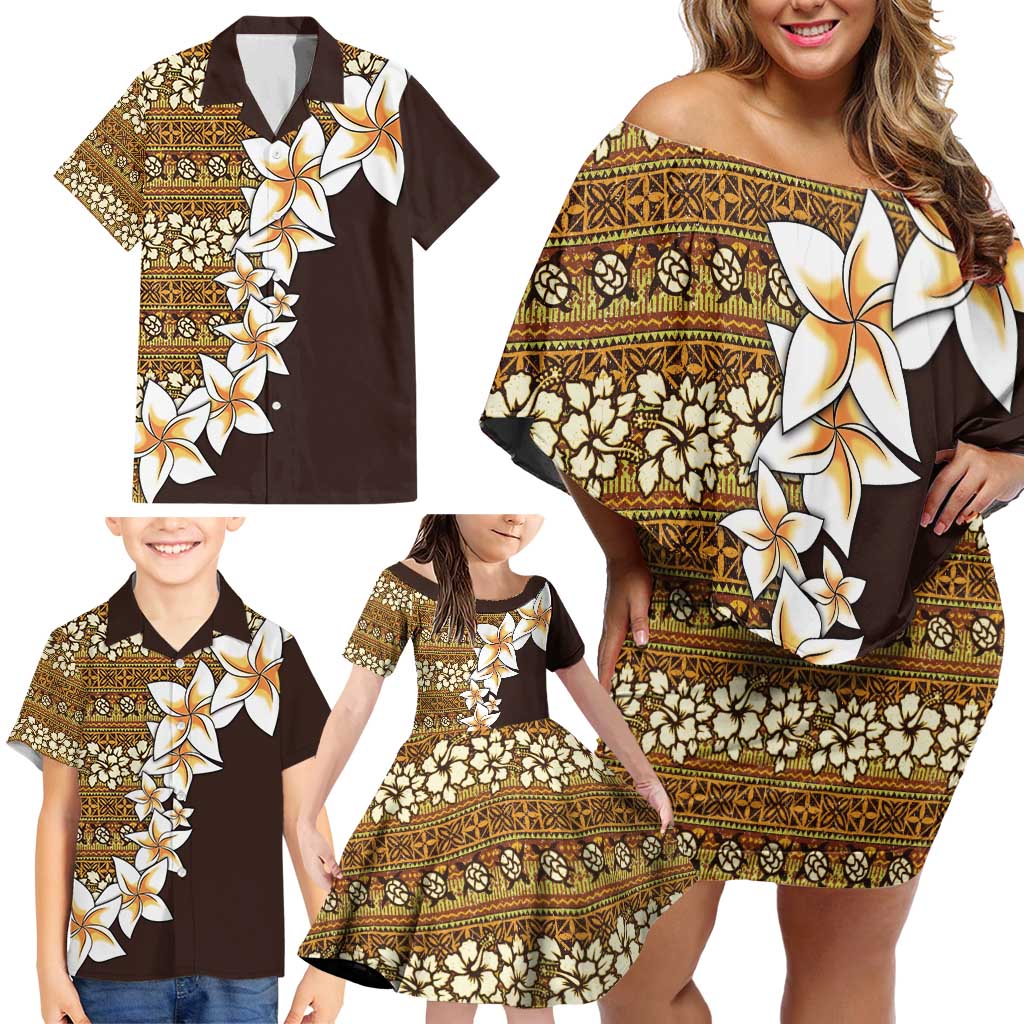 Vintage Hibiscus Turtle Pattern Family Matching Off Shoulder Short Dress and Hawaiian Shirt with Plumeria Half Style