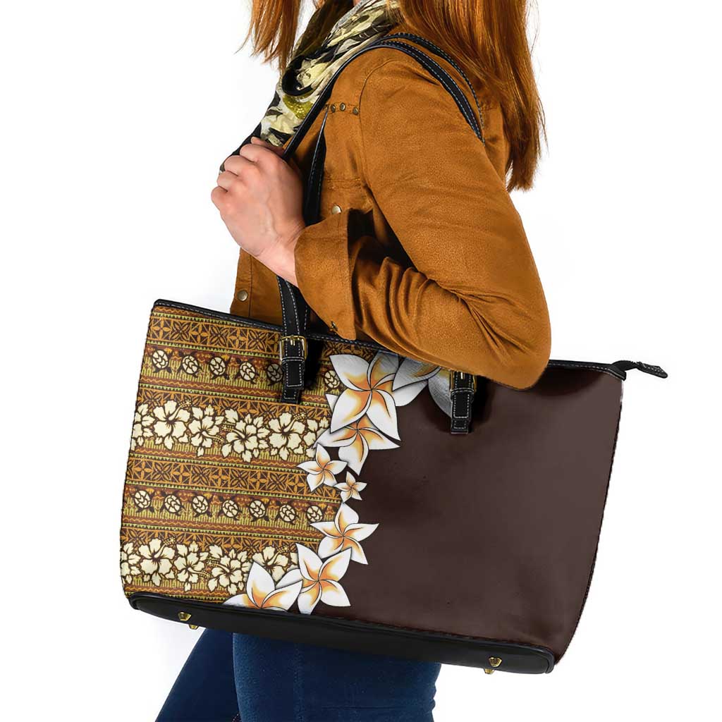 Vintage Hibiscus Turtle Pattern Leather Tote Bag with Plumeria Half Style LT9 Gold - Polynesian Pride