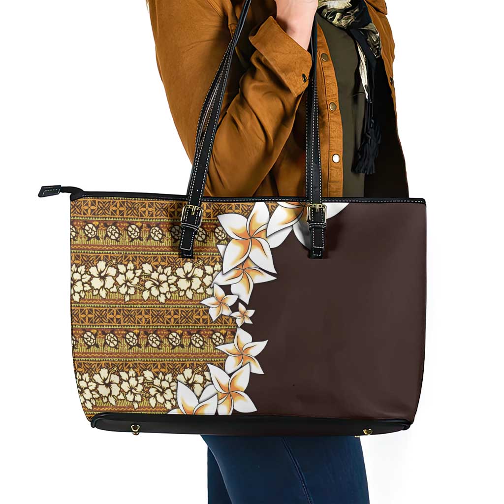 Vintage Hibiscus Turtle Pattern Leather Tote Bag with Plumeria Half Style LT9 - Polynesian Pride