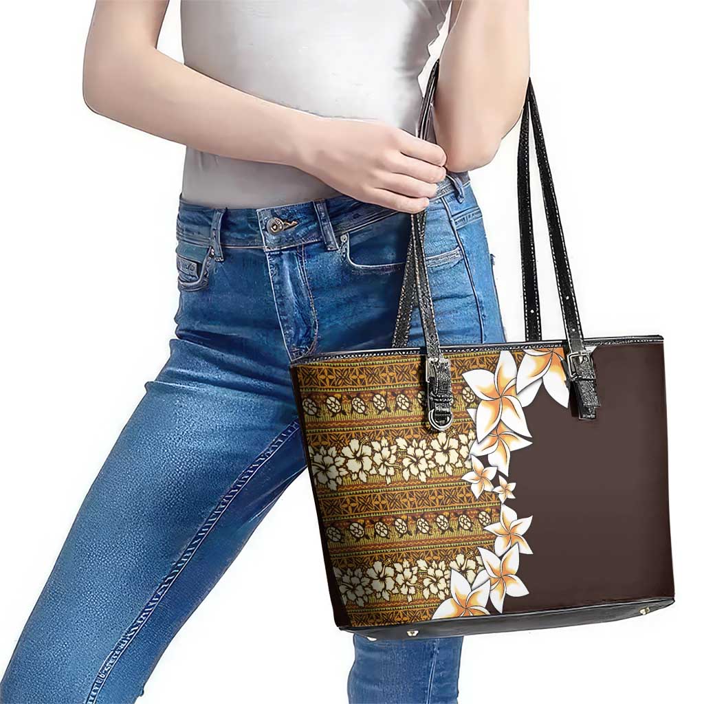 Vintage Hibiscus Turtle Pattern Leather Tote Bag with Plumeria Half Style LT9 - Polynesian Pride