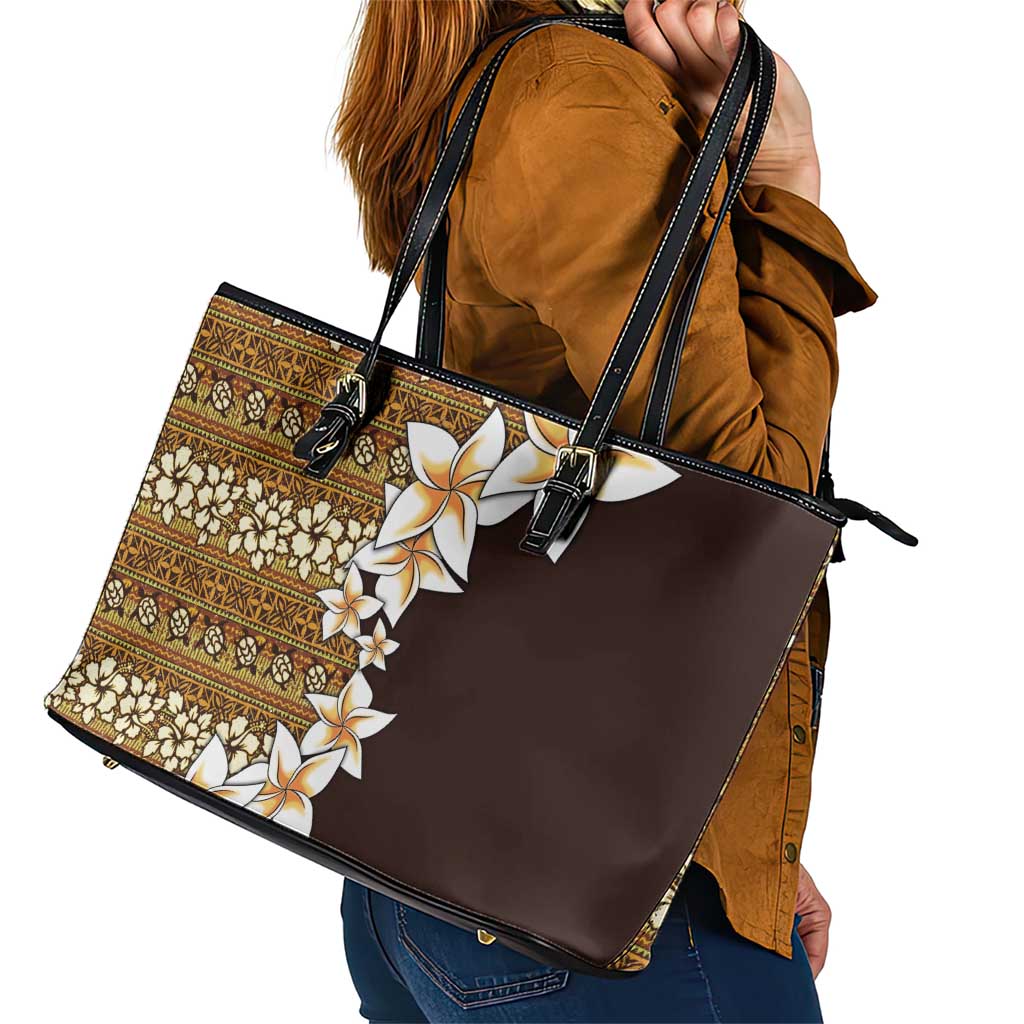 Vintage Hibiscus Turtle Pattern Leather Tote Bag with Plumeria Half Style LT9 - Polynesian Pride