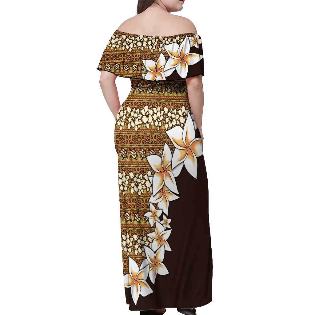 Vintage Hibiscus Turtle Pattern Off Shoulder Maxi Dress with Plumeria Half Style LT9 - Polynesian Pride
