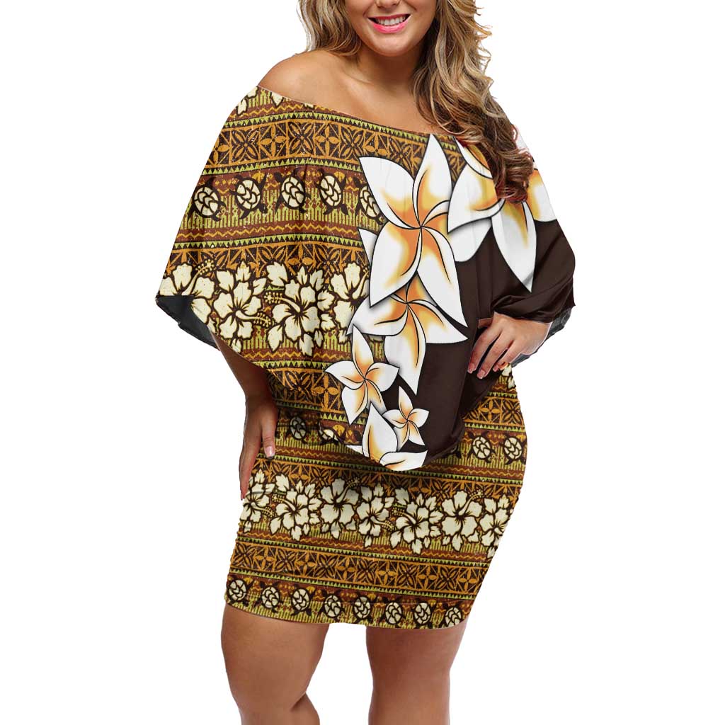Vintage Hibiscus Turtle Pattern Off Shoulder Short Dress with Plumeria Half Style LT9 Women Gold - Polynesian Pride
