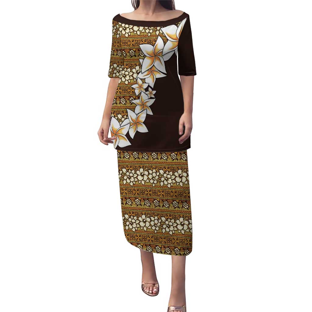 Vintage Hibiscus Turtle Pattern Puletasi with Plumeria Half Style LT9 Long Dress Gold - Polynesian Pride