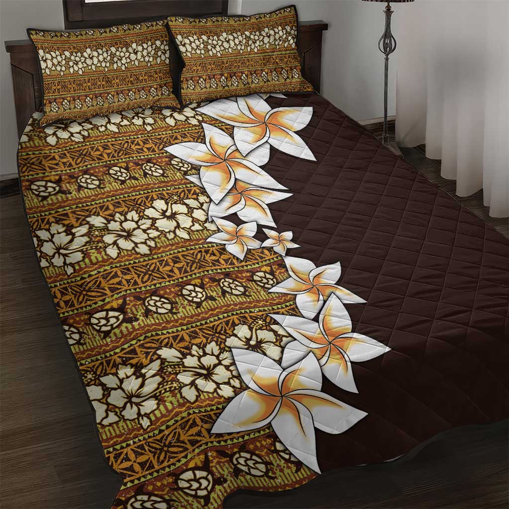 Vintage Hibiscus Turtle Pattern Quilt Bed Set with Plumeria Half Style LT9 Gold - Polynesian Pride