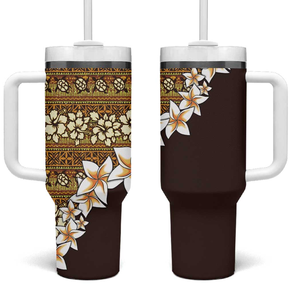 Vintage Hibiscus Turtle Pattern Tumbler With Handle with Plumeria Half Style LT9 One Size: 40 oz Gold - Polynesian Pride